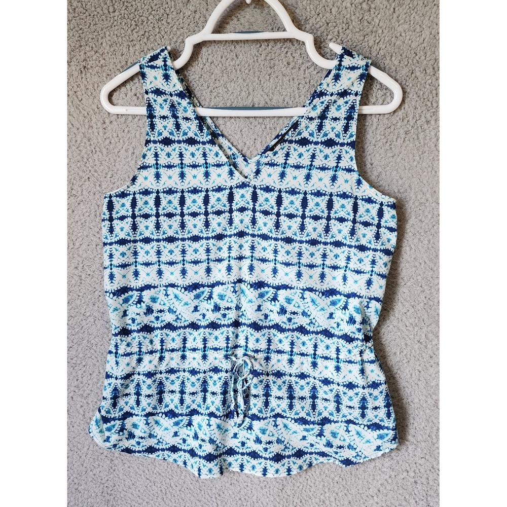 Banana Republic Tank Top Womens XS Petite Blue Geometric Drawstring Waist V-Neck